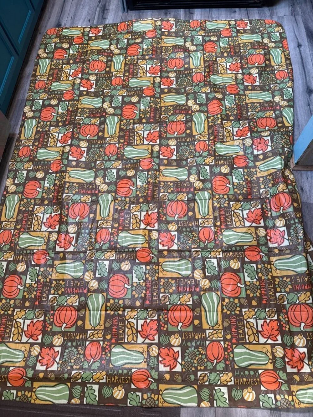 Fall-Themed Happy Harvest Vinyl Tablecloth Pumpkins & Leaves Pattern 58x96 In Fe